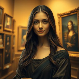 A captivating woman reminiscent of the Mona Lisa, exuding a mysterious yet calm expression