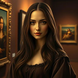 A captivating woman reminiscent of the Mona Lisa, exuding a mysterious yet calm expression
