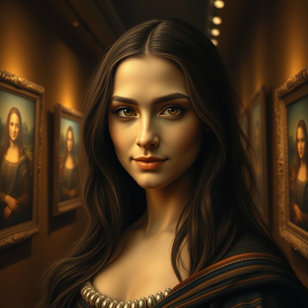 A captivating woman reminiscent of the Mona Lisa, exuding a mysterious yet calm expression