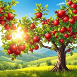A vivid and detailed illustration of a pomegranate tree, showcasing lush green leaves and bright red pomegranates ripe for picking