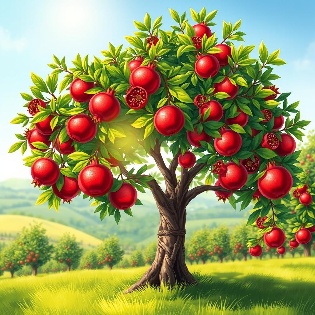 A vivid and detailed illustration of a pomegranate tree, showcasing lush green leaves and bright red pomegranates ripe for picking