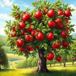 A vivid and detailed illustration of a pomegranate tree, showcasing lush green leaves and bright red pomegranates ripe for picking