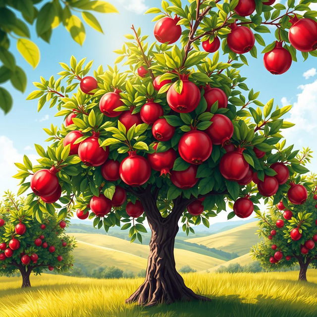 A vivid and detailed illustration of a pomegranate tree, showcasing lush green leaves and bright red pomegranates ripe for picking