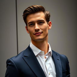 A close-up portrait of a male model wearing an elegant, tailored formal suit