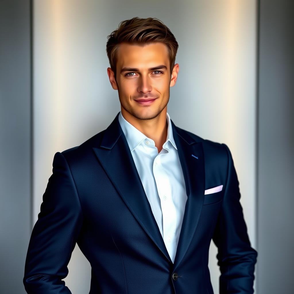 A close-up portrait of a male model wearing an elegant, tailored formal suit