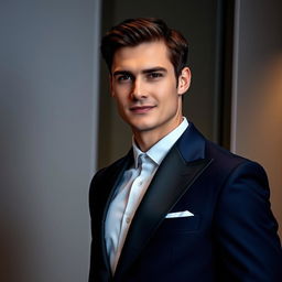 A close-up portrait of a male model wearing an elegant, tailored formal suit