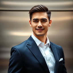A close-up portrait of a male model wearing an elegant, tailored formal suit