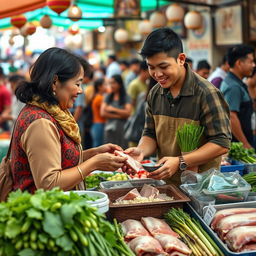 A heartwarming scene depicting the close-knit family atmosphere at a bustling market, showcasing a young man demonstrating honesty while assisting his mother, who sells fresh pork and vegetables at their market stall