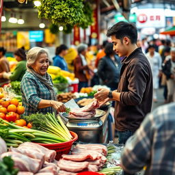 A heartwarming scene depicting the close-knit family atmosphere at a bustling market, showcasing a young man demonstrating honesty while assisting his mother, who sells fresh pork and vegetables at their market stall