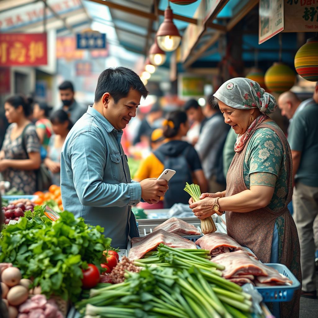 A heartwarming scene depicting the close-knit family atmosphere at a bustling market, showcasing a young man demonstrating honesty while assisting his mother, who sells fresh pork and vegetables at their market stall