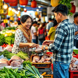 A heartwarming scene depicting the close-knit family atmosphere at a bustling market, showcasing a young man demonstrating honesty while assisting his mother, who sells fresh pork and vegetables at their market stall