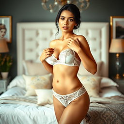 A hot and sexy Latina girl in her early twenties, standing in a beautifully decorated bedroom filled with soft lighting