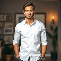 A person standing confidently in a well-lit room, wearing a stylish white shirt, paired with dark trousers