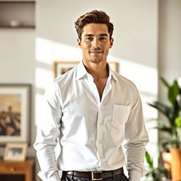 A person standing confidently in a well-lit room, wearing a stylish white shirt, paired with dark trousers
