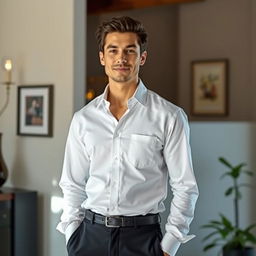 A person standing confidently in a well-lit room, wearing a stylish white shirt, paired with dark trousers
