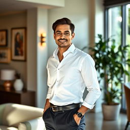 A person standing confidently in a well-lit room, wearing a stylish white shirt, paired with dark trousers