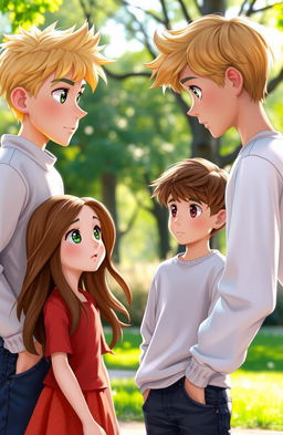 A tall blond boy with striking green eyes is engaging in conversation with a shorter girl, who stands at 1