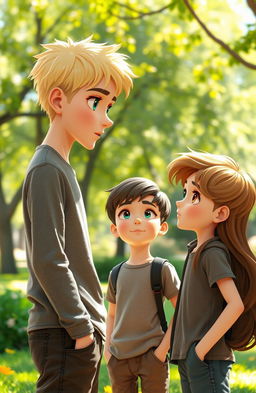 A tall blond boy with striking green eyes is engaging in conversation with a shorter girl, who stands at 1