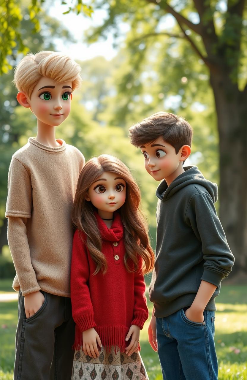 A tall blond boy with striking green eyes is engaging in conversation with a shorter girl, who stands at 1
