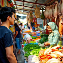 A warm and inviting scene at Andir Market, depicting a young man showcasing his honesty while interacting with a mother selling whole piglets, fresh vegetables, and duck meat