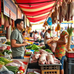 A warm and inviting scene at Andir Market, depicting a young man showcasing his honesty while interacting with a mother selling whole piglets, fresh vegetables, and duck meat