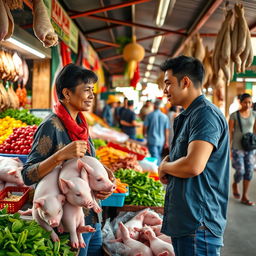A warm and inviting scene at Andir Market, depicting a young man showcasing his honesty while interacting with a mother selling whole piglets, fresh vegetables, and duck meat