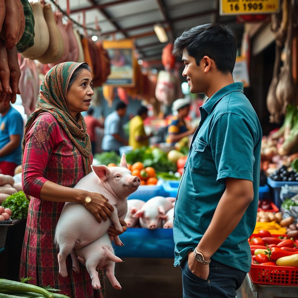 A warm and inviting scene at Andir Market, depicting a young man showcasing his honesty while interacting with a mother selling whole piglets, fresh vegetables, and duck meat