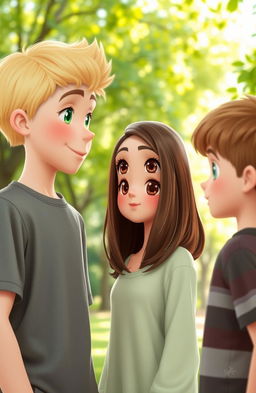 A tall, blond boy with vibrant green eyes is engaging in a friendly conversation with a shorter girl who is 1