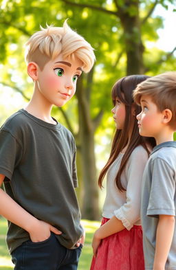 A tall, blond boy with vibrant green eyes is engaging in a friendly conversation with a shorter girl who is 1