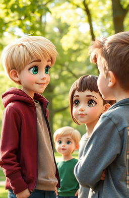 A tall, blond boy with vibrant green eyes is engaging in a friendly conversation with a shorter girl who is 1