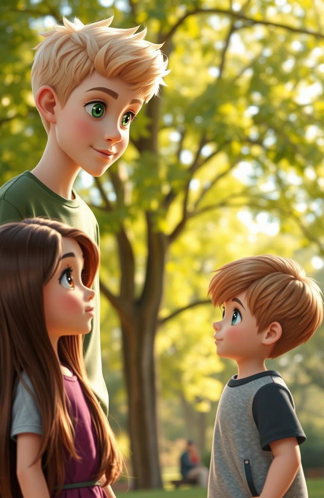 A tall, blond boy with vibrant green eyes is engaging in a friendly conversation with a shorter girl who is 1