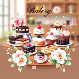 A beautiful watercolor painting for a bakery logo featuring a delicious dessert display