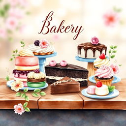 A beautiful watercolor painting for a bakery logo featuring a delicious dessert display