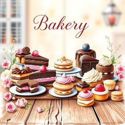 A beautiful watercolor painting for a bakery logo featuring a delicious dessert display