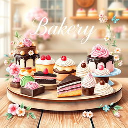 A beautiful watercolor painting for a bakery logo featuring a delicious dessert display