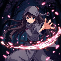 An anime girl ninja striking a dynamic Zenitsu pose, characterized by her long flowing hair and traditional ninja attire
