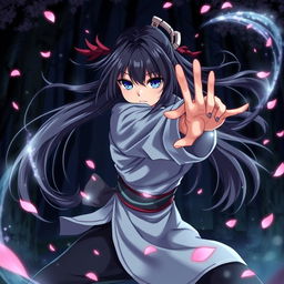 An anime girl ninja striking a dynamic Zenitsu pose, characterized by her long flowing hair and traditional ninja attire