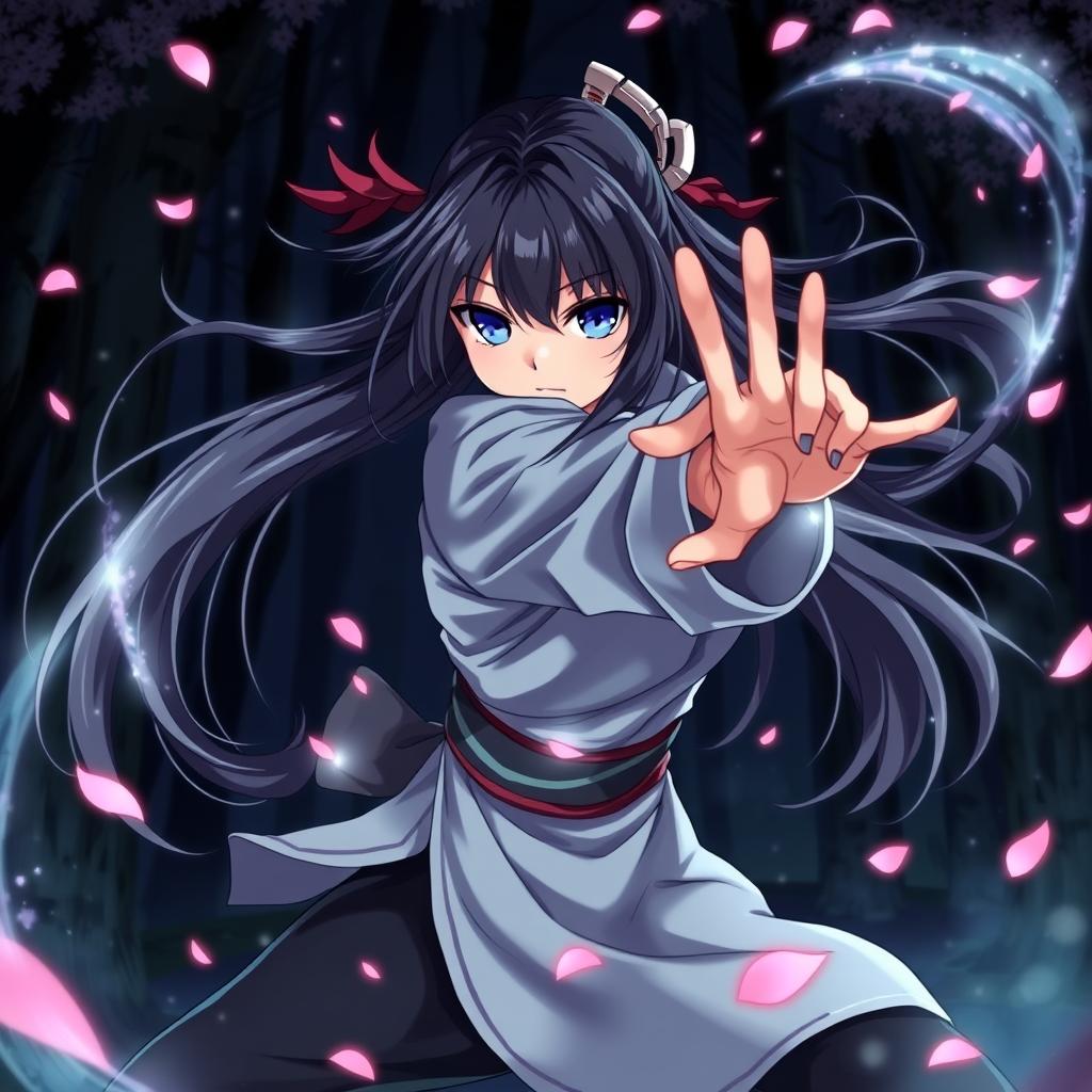 An anime girl ninja striking a dynamic Zenitsu pose, characterized by her long flowing hair and traditional ninja attire
