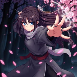 An anime girl ninja striking a dynamic Zenitsu pose, characterized by her long flowing hair and traditional ninja attire