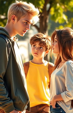 A tall, 18-year-old boy with striking blond hair and vibrant green eyes is engaged in conversation with a 1