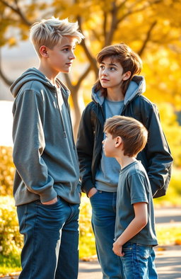 A tall, 18-year-old boy with striking blond hair and vibrant green eyes is engaged in conversation with a 1