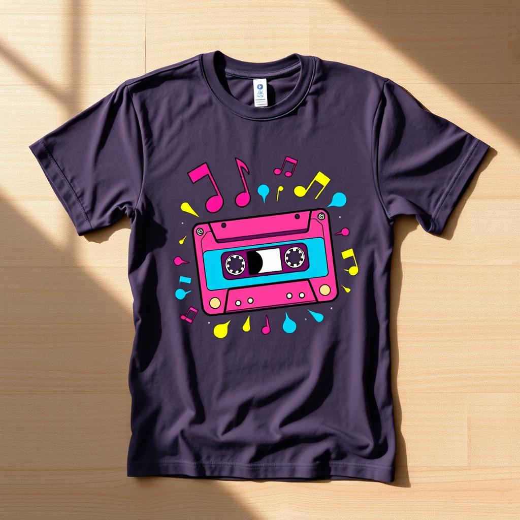 A stylish graphic t-shirt design featuring a vibrant illustration of a retro cassette tape, surrounded by colorful music notes and abstract shapes