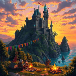 A vibrant and intricate fantasy landscape featuring a majestic castle perched on a tall cliff, surrounded by lush green forests and a sparkling turquoise ocean