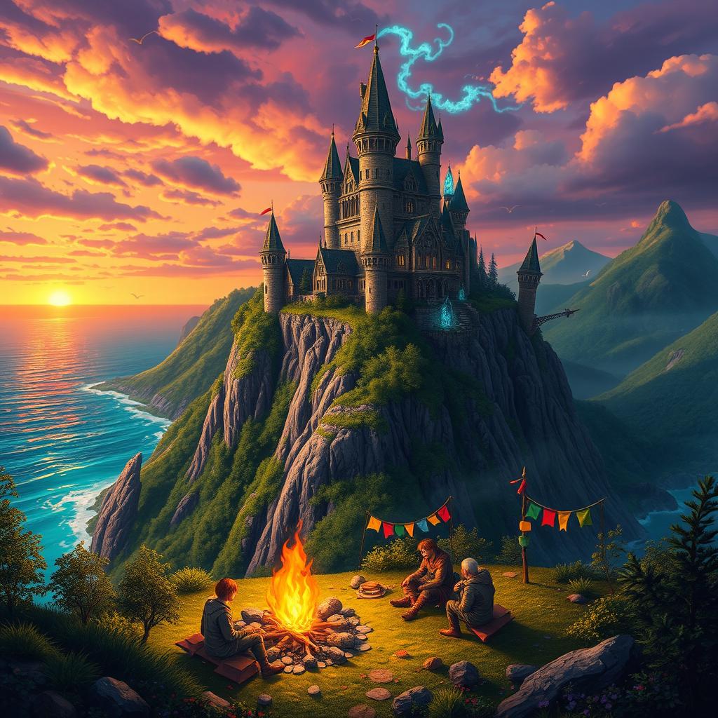 A vibrant and intricate fantasy landscape featuring a majestic castle perched on a tall cliff, surrounded by lush green forests and a sparkling turquoise ocean