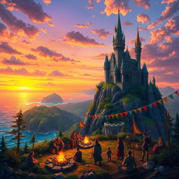 A vibrant and intricate fantasy landscape featuring a majestic castle perched on a tall cliff, surrounded by lush green forests and a sparkling turquoise ocean