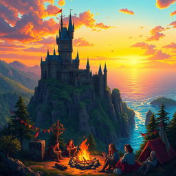 A vibrant and intricate fantasy landscape featuring a majestic castle perched on a tall cliff, surrounded by lush green forests and a sparkling turquoise ocean