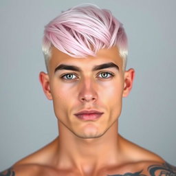 A man with light baby pink hair styled in a modern cut, showcasing his mismatched eyes; one eye is a striking light hazel and the other is a captivating light blue