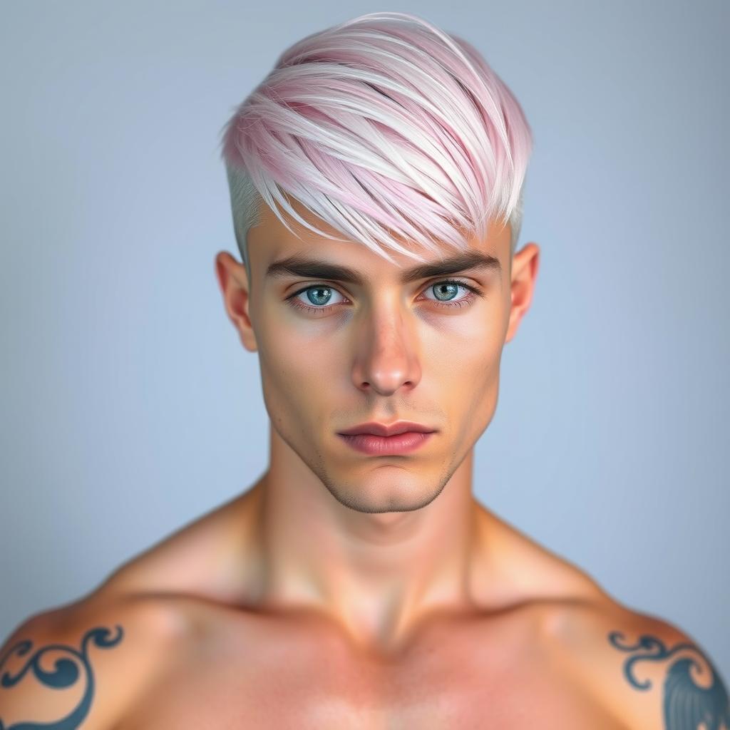 A man with light baby pink hair styled in a modern cut, showcasing his mismatched eyes; one eye is a striking light hazel and the other is a captivating light blue