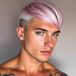 A man with light baby pink hair styled in a modern cut, showcasing his mismatched eyes; one eye is a striking light hazel and the other is a captivating light blue
