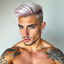 A man with light baby pink hair styled in a modern cut, showcasing his mismatched eyes; one eye is a striking light hazel and the other is a captivating light blue